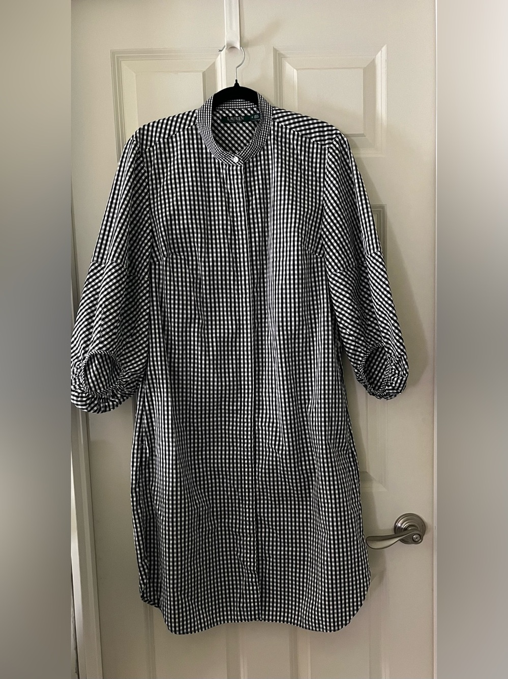 Lauren Ralph Lauren black & white gingham shirt dress 3/4 length puff sleeves 12
